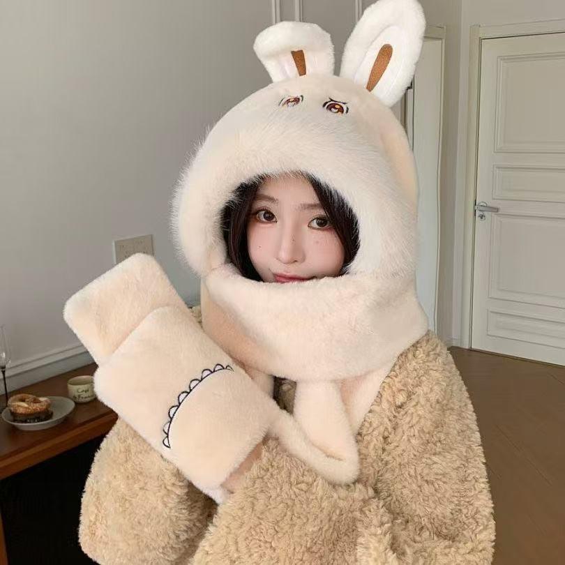 

Женский зимний плюшевый набор шапка, шарф и перчатки с милым снудом с кроличьими ушками бежевый