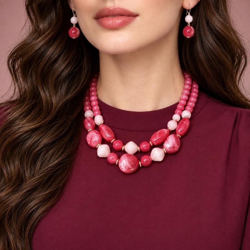 Beaded Necklace with Coordinated Drop Earrings, Double-Strand Layering, and Irregular Acrylic Beads Jewelry Set