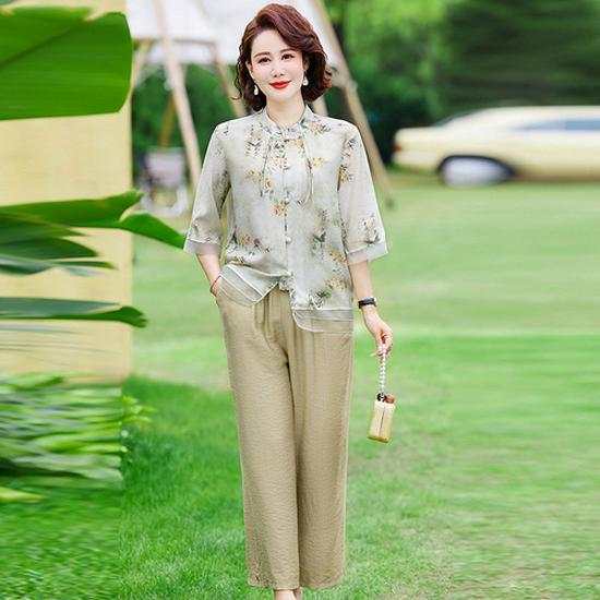 Mom's New Chinese Style Two-Piece Set: Spring/Autumn Blouse & Summer Set for Middle-Aged and Elderly Women, 2026
