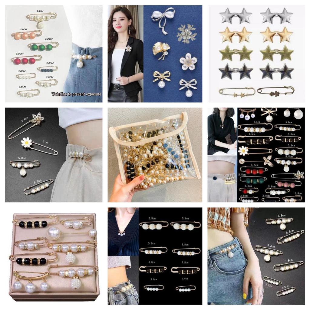 Adjustable Pearl Brooch Set for Waist Tightening and Clothes Fixing