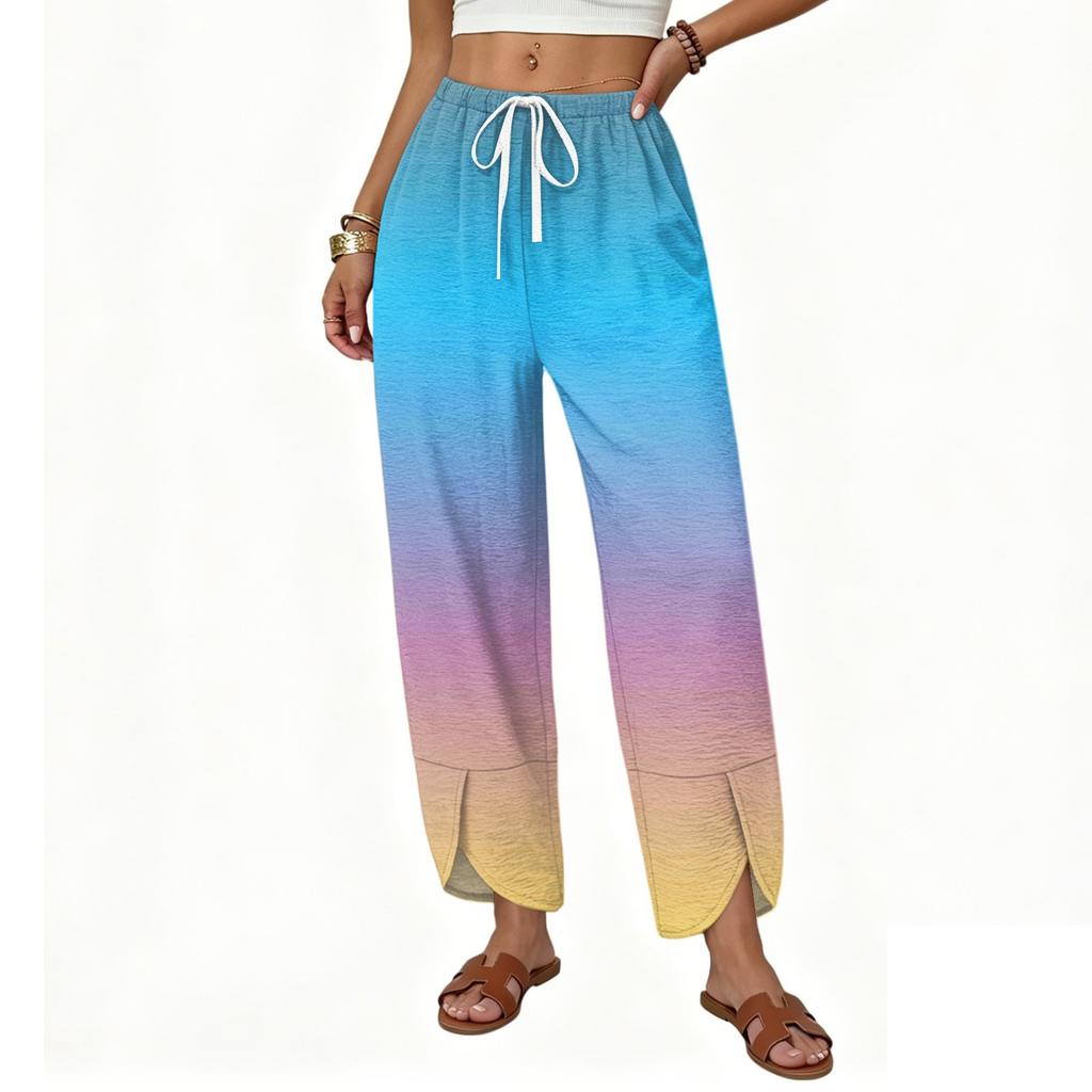 Women’s Casual Loose Straight Wide Leg Pants with Drawstring Waist and Printed Pattern Long Trousers for Everyday Wear