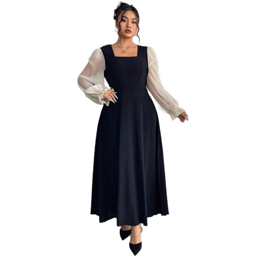 New Stylish Square-neck Puffed Sleeve Mesh Patchwork Dress for Women