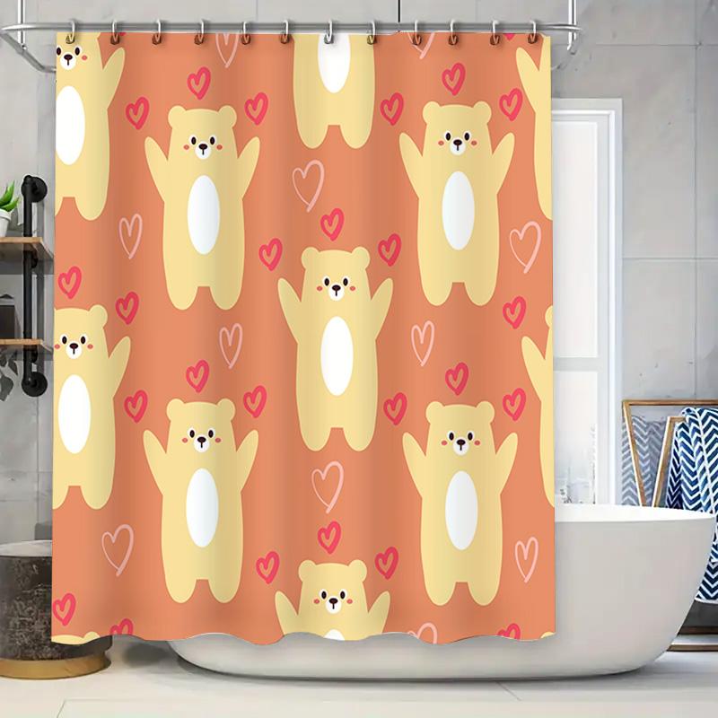 

Adorable Bear Pattern Shower Curtain Set For Bathroom Decor Peach Pink Color With Red Hearts Design W60H190(CM)-1 Pcs