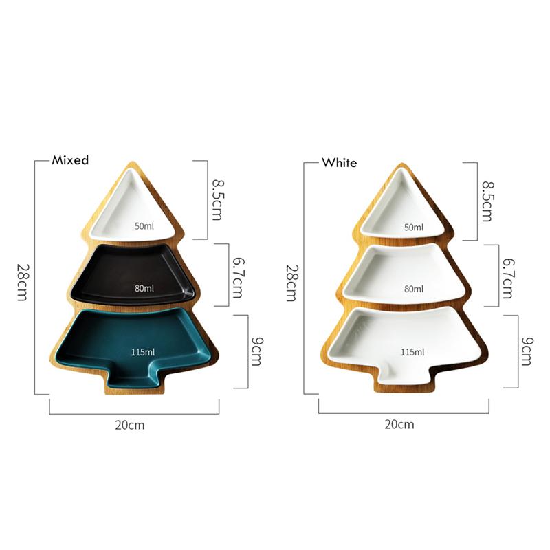 Mâncăruri din ceramică pentru aperitive cu set de tăvi din bambus. (3 farfurii + 1 tavă)