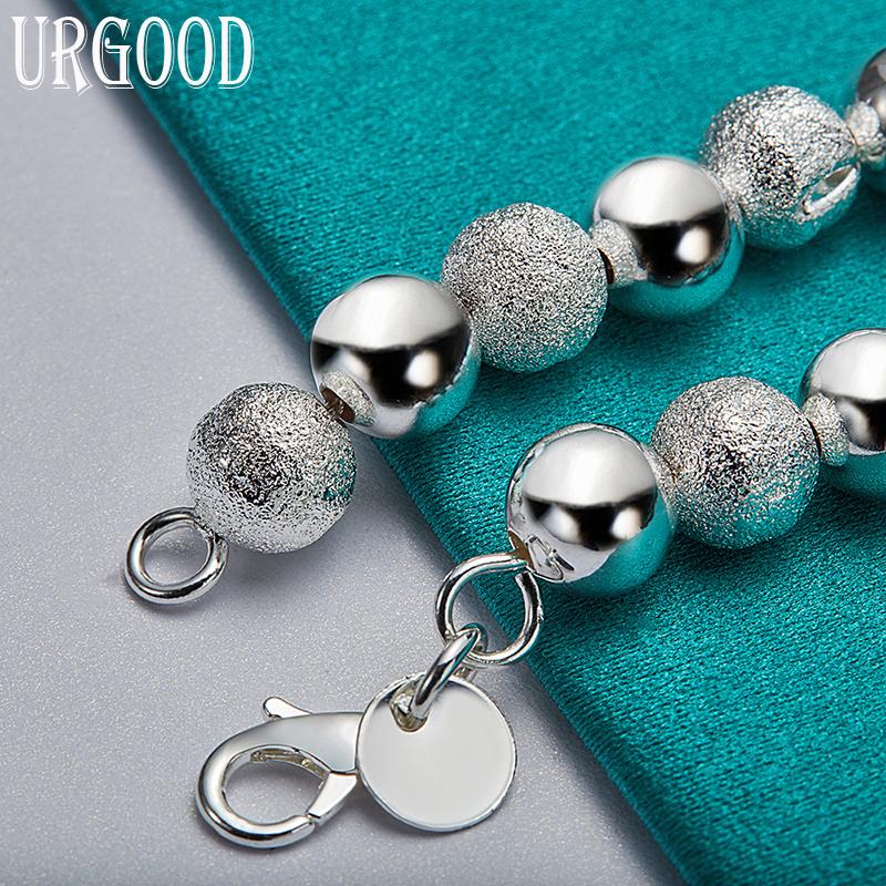 925 Sterling Silver 8mm Frosted Beaded Chain Bracelet Romantic Jewelry