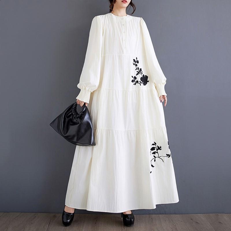 Long Sleeve Plus Size Vintage Embroidery Floral New In Dresses for Women Casual Loose Spring Autumn Dress