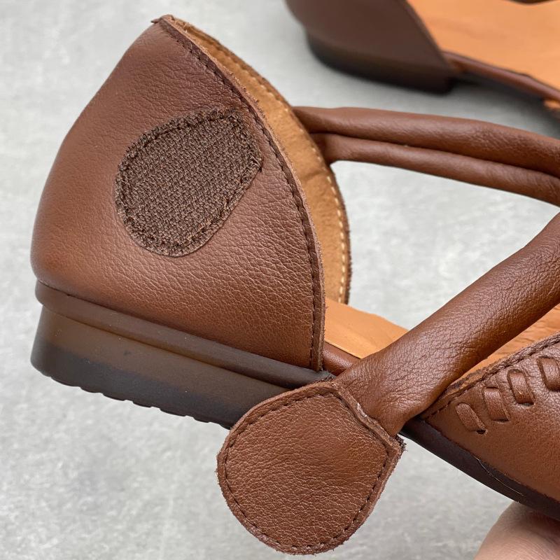 Johnature Retro Handmade Genuine Leather Sandals Hollow-out Soft Sole Round Toe Women's Shoes