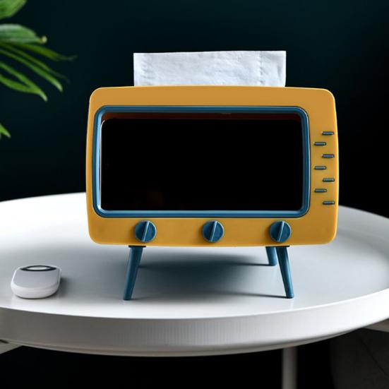 Tissue Box Holder Retro TV Shaped Tissue Case with Cell Phone Holder Multi-Functional Toilet Paper Napkin Dispenser for Room Bedroom Bathroom Dining