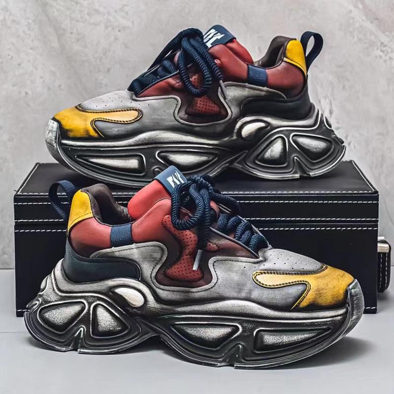 

Retro Aging process Trendy Clunky Sneaker For Men Leather Make old Thick bottom Sports Casual shoes Mens basket homme 44 білий