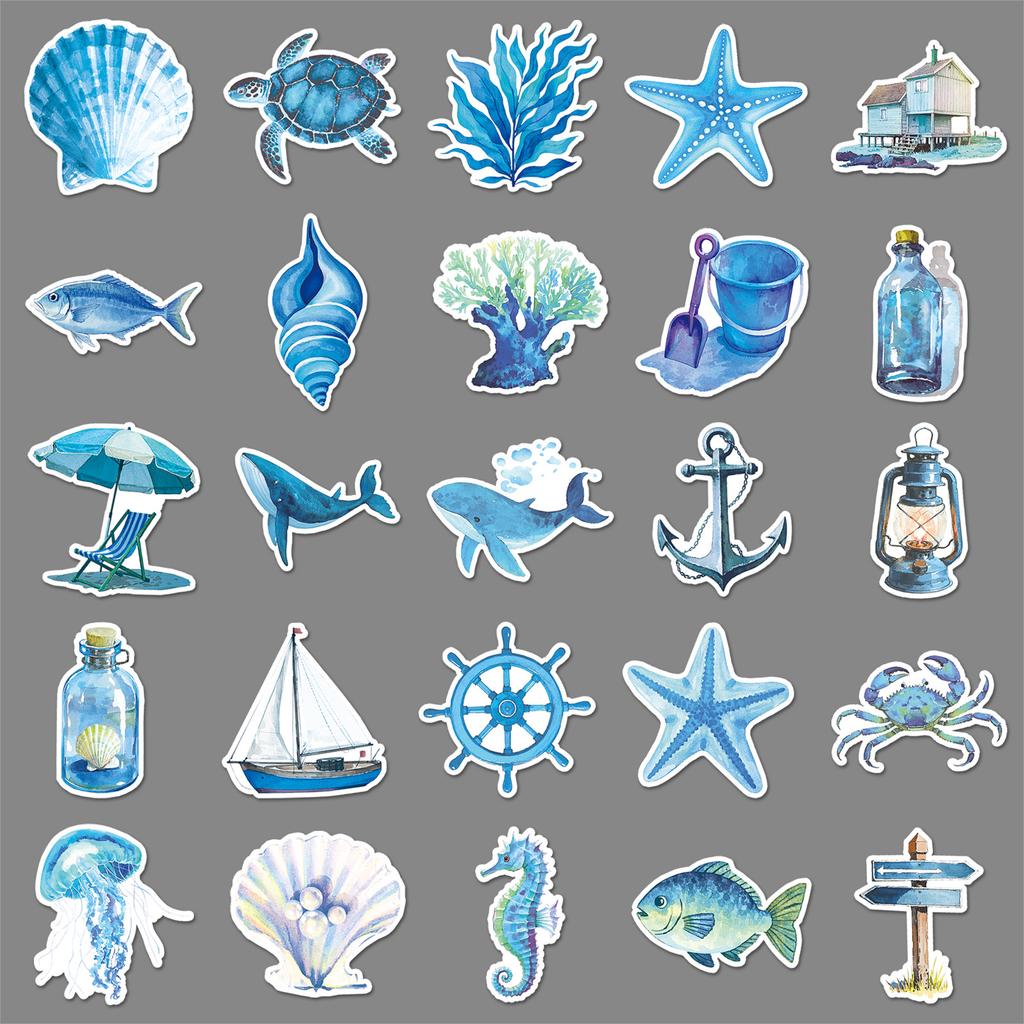 50 Blue Ocean Graffiti Stickers Cartoon Small Fresh Hand-painted Watercolor Decorative Water Cup Mobile Suitcase Stickers
