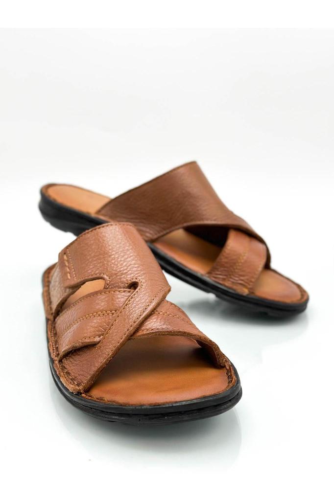 Genuine Real Leather Men's Slippers Light Slippers Leather Syringe Brown