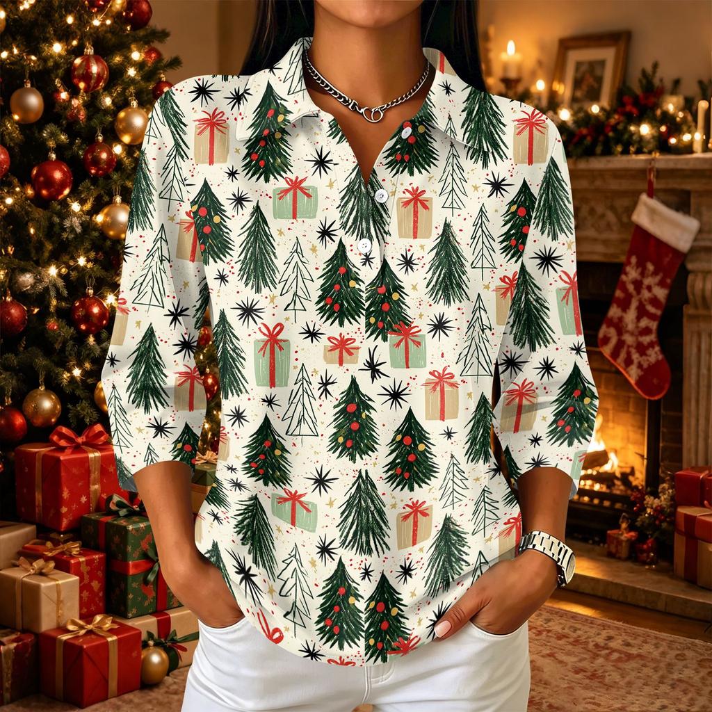 Women's Casual Christmas Print Button Front 3/4 Sleeve Collar Top