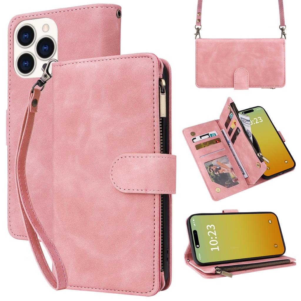 For iPhone 15 Pro Case Zipper Multi-Pocket Wallet Leather Phone Cover with Shoulder and Wrist Straps
