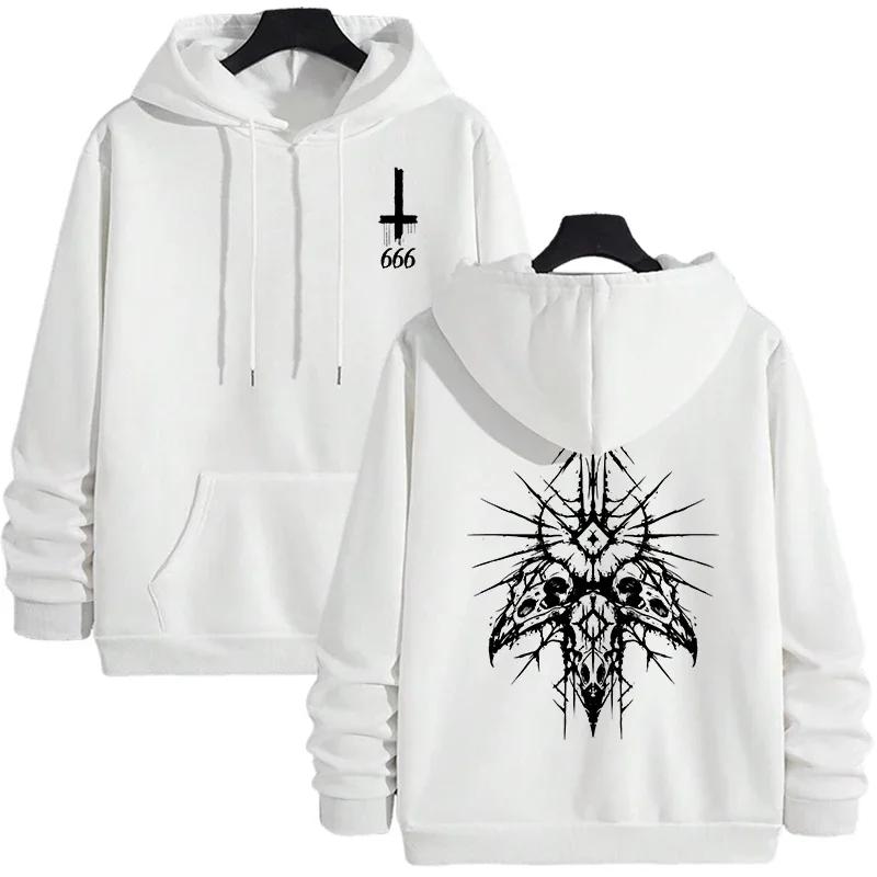 Man Streetwear Hooded Sweatshirt Gothic Demonic Theme Print Top 2025 New Autumn Winter Male Fashion Casual Jacket with 666 Cross
