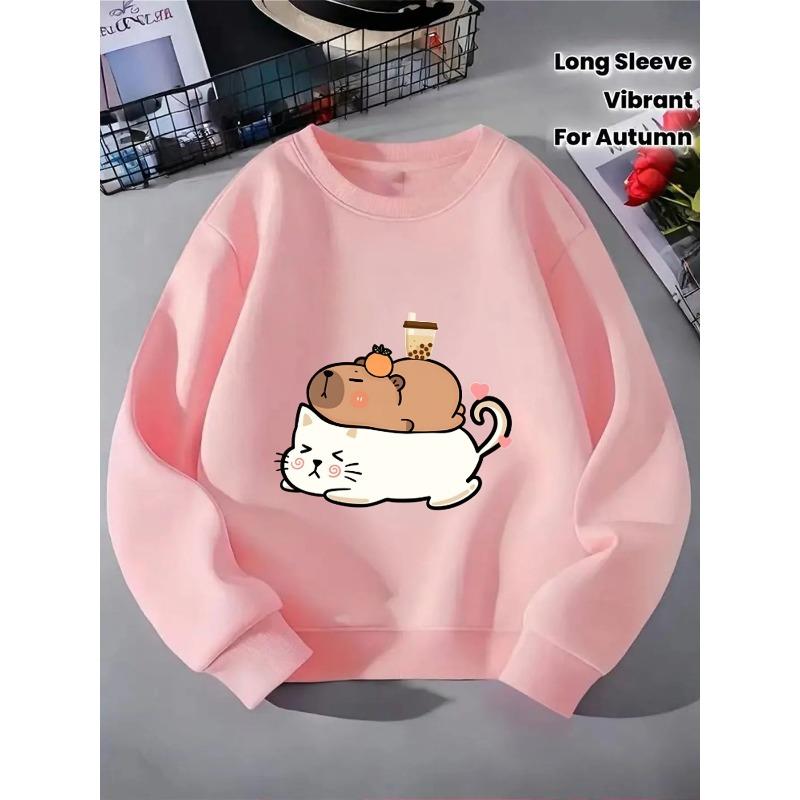 European Sizes Crewneck Sweatshirt for Kids Featuring an Adorable Cat And Bear with a Tea Machine. Perfect for Sports And Casual Outings