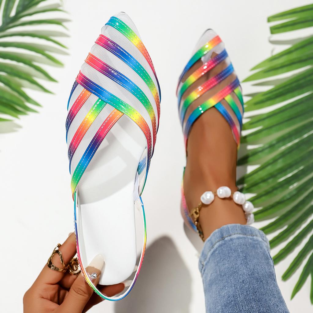Women Sandals Women Flats Shoes 2025 Summer New Flat Hole Shoes Female Beach Jelly Sandals Simple Rainbow Plastic Sandals