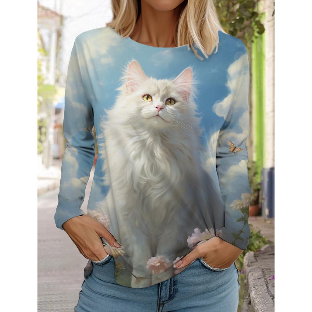 2025 Autumn and Winter Women's Long Sleeve 3D Printed Cute Cat T-Shirt, Streetwear, Round Neck Long Sleeve