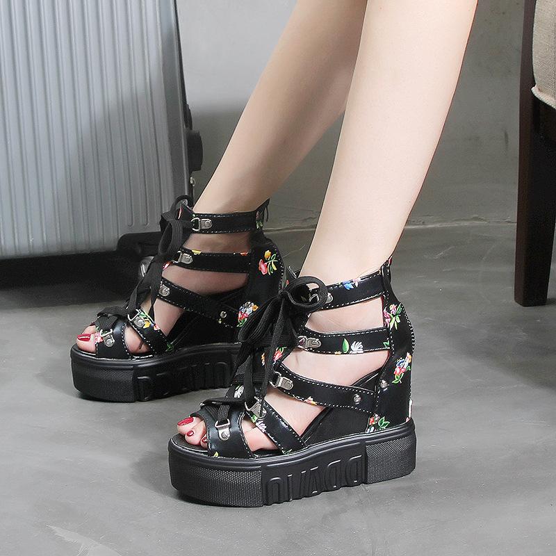 Sandały damskie na wiosnę i lato, na grubej podeszwie, na koturnie, z nadrukiem, z wycięciem typu rybi pysk, z zamkiem z tyłu, sznurowane, wysokie, antypoślizgowe, z miękką podeszwą, buty damskie