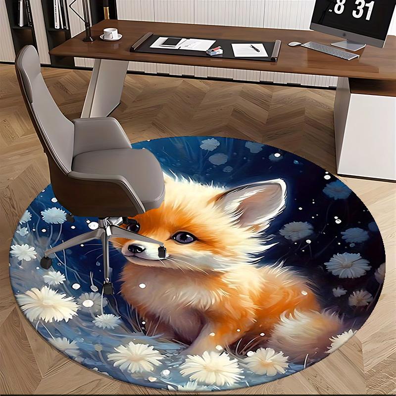 1pc Anime Fox with White Flowers Round Carpet Office Chair Mat, Non Slip Rug for Home Decor, All Seasons