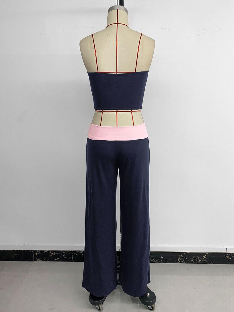 2026 Summer Sweet Cool Two-Piece Set: Color-Block Bandeau Vest and Casual Pants