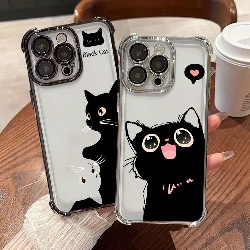 Black Cat Cartoon Art Phone Case for iPhone 11 13 15 16 17 Pro Max 14 Plus 17Air 16E 13 Pro 12 Mini 17Pro Shockproof Clear Cover