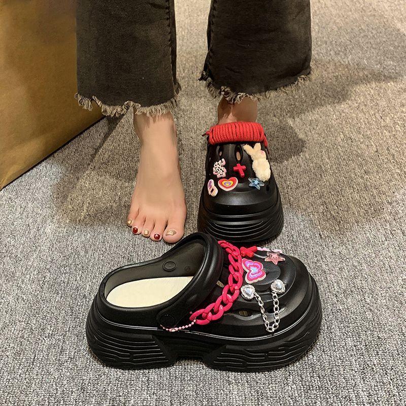 Internet celebrities heighten baotou semi-cool slippers women's summer 2025 new fashion muffin thick-soled hole shoes women's outer wear