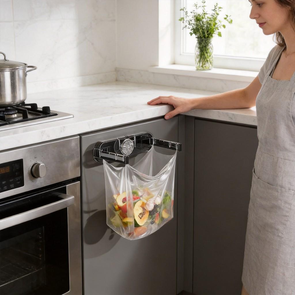 Plastic Suction Cup Trash Bag Holder With Foldable Design For Kitchen And Bathroom Storage