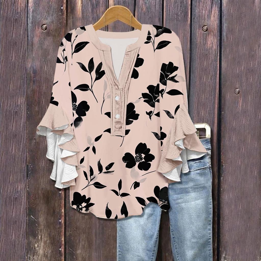 Women's Summer Tops V Neck Three-quarter Sleeves Floral Print Flowing Ruffle Sleeves Half-button Shirt
