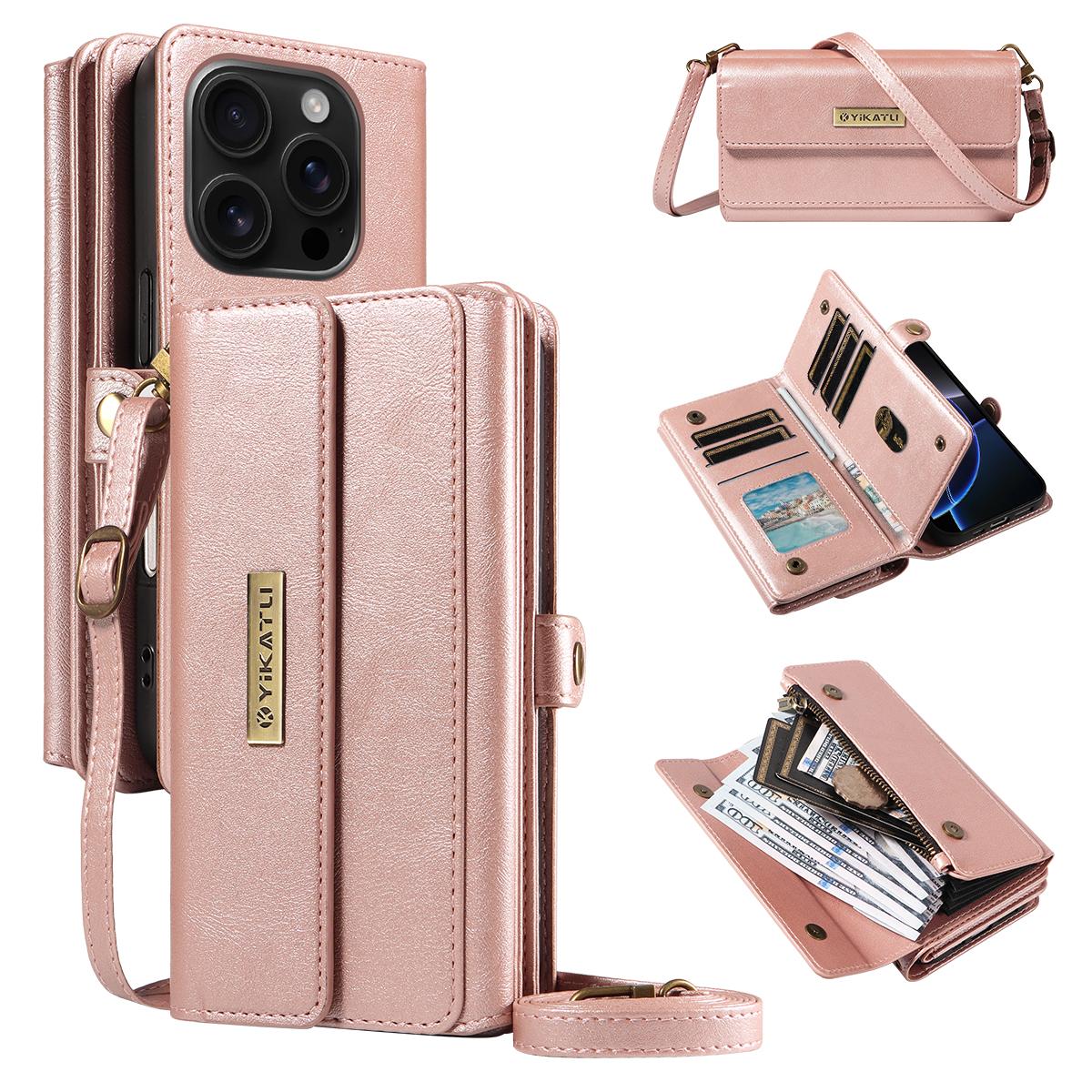 

For iPhone 16 Pro Case YIKATU YK-008 Zipper Wallet Leather Phone Cover with Shoulder Strap Rose Gold