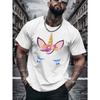 European Size Men's Breathable Polyester-Spandex T-Shirt with Shy Unicorn Print, Short Sleeves, Round Neck - Casual Summer Top for Beach ,Resort Wear