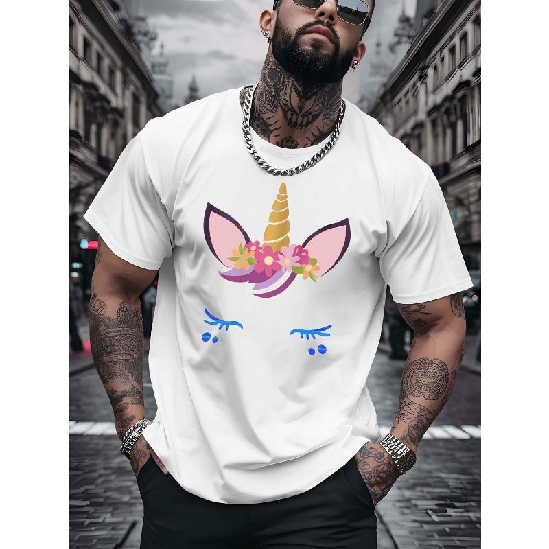 European Size Men's Breathable Polyester-Spandex T-Shirt with Shy Unicorn Print, Short Sleeves, Round Neck - Casual Summer Top for Beach ,Resort Wear