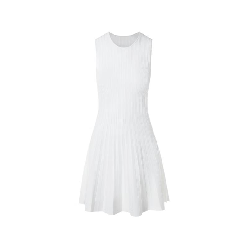 LANCY Elegant Sleeveless Ribbed Knit Pleated Dress L