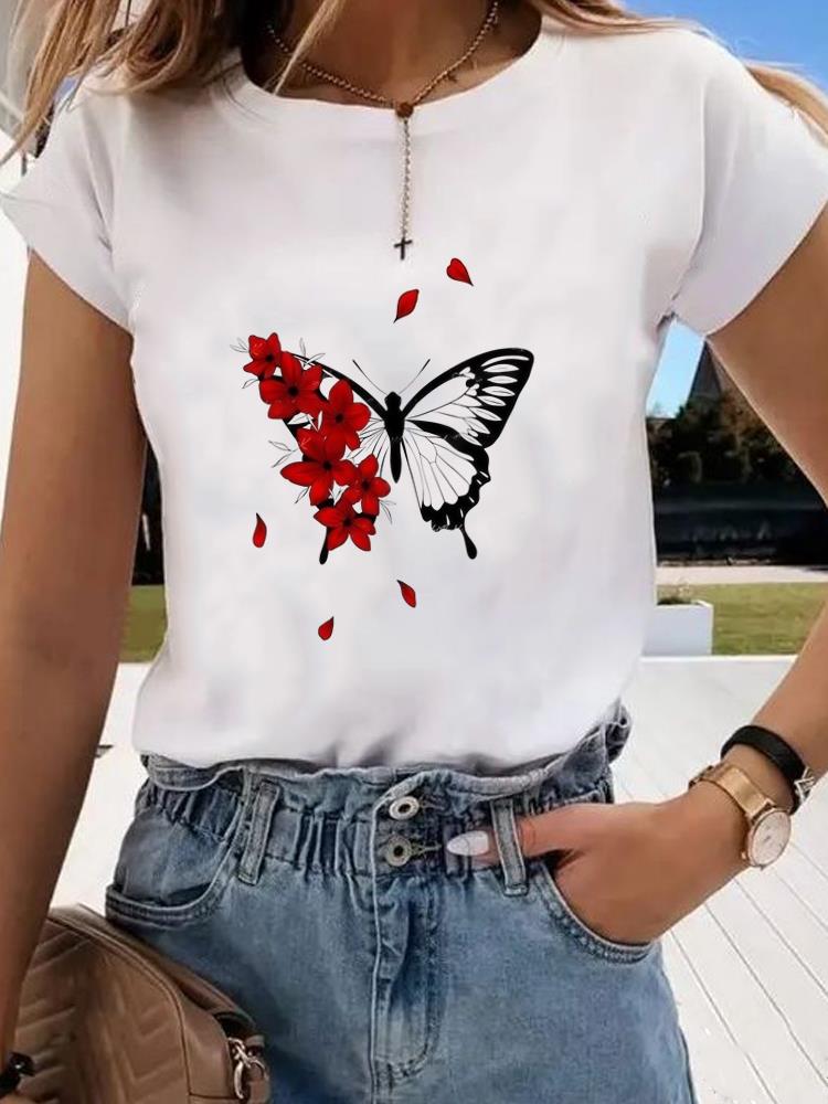 (Asian Size) style butterfly Clothing Graphic Tee Women's Top Print O-neck Fashion Female Casual T Short Sleeve T-shirts