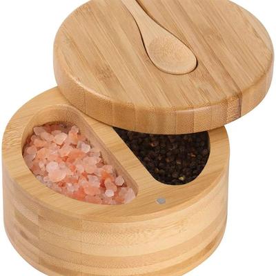 Bamboo Salt Cellar With Magnetic Swivel Lid Bamboo Storage Box Salt Box Round Salt Container For Storing Salt Pepper Sugar Herbs