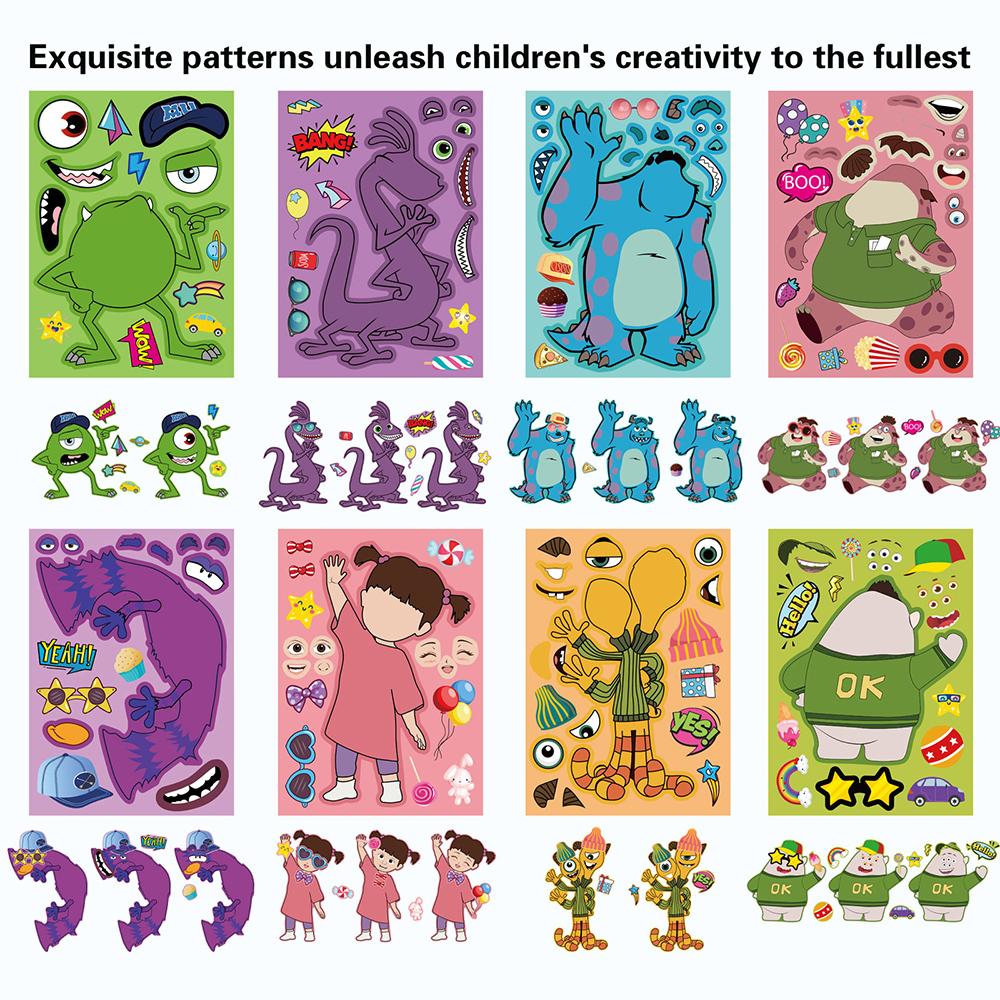 8/16Sheets Monsters Inc Puzzle Stickers Make a Face Assemble Jigsaw Decals Funny Cartoon DIY Toy Party Gift