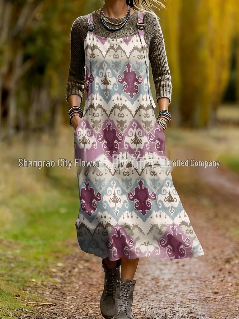 2026 Spring Women's Retro Ethnic 3D Print Dress