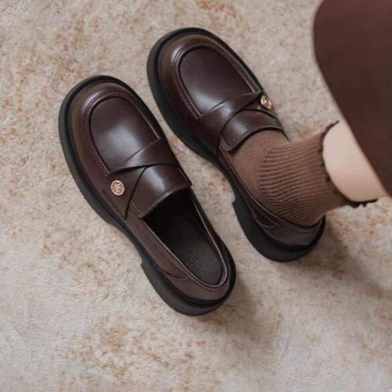 Damskie jesienne buty damskie małe złote monety pojedyncze buty gruby obcas nowe brytyjskie kameliowe pedały małe skórzane buty