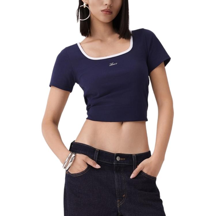 Levis Comfortable Simple Knit Casual Square Neck Short Sleeve T-Shirt Women Tops 0019T-0004