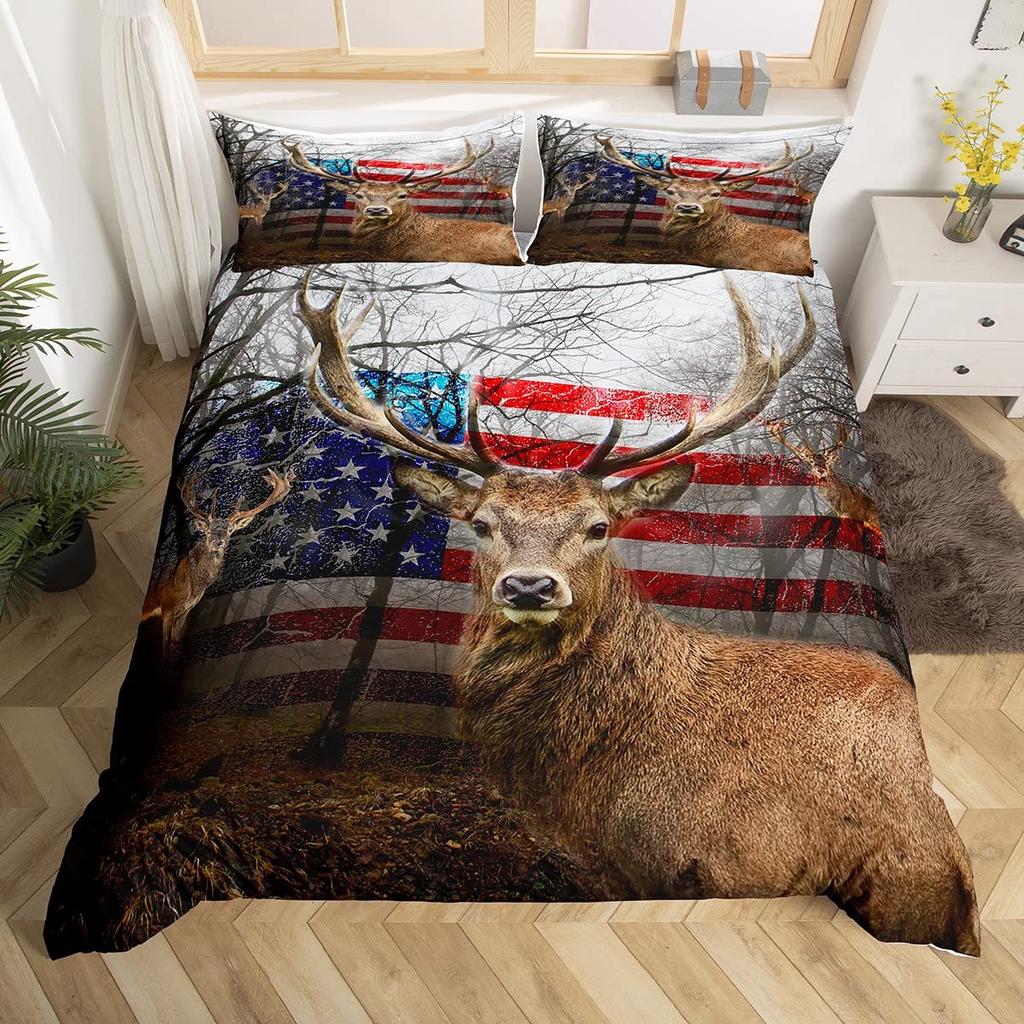 Camo Deer Duvet Cover Set Antlers Arrow Pattern Bedding Set Stripes Gird Camouflage Comforter Cover Microfiber King Quilt Cover
