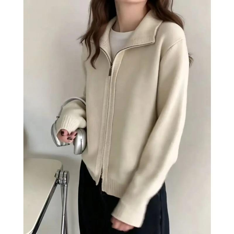 Modischer Strickmantel mit Stehkragen und Doppelreißverschluss für Damen, einfarbig, lässiger Strickcardigan im koreanischen Stil, Herbst Winter Pullover