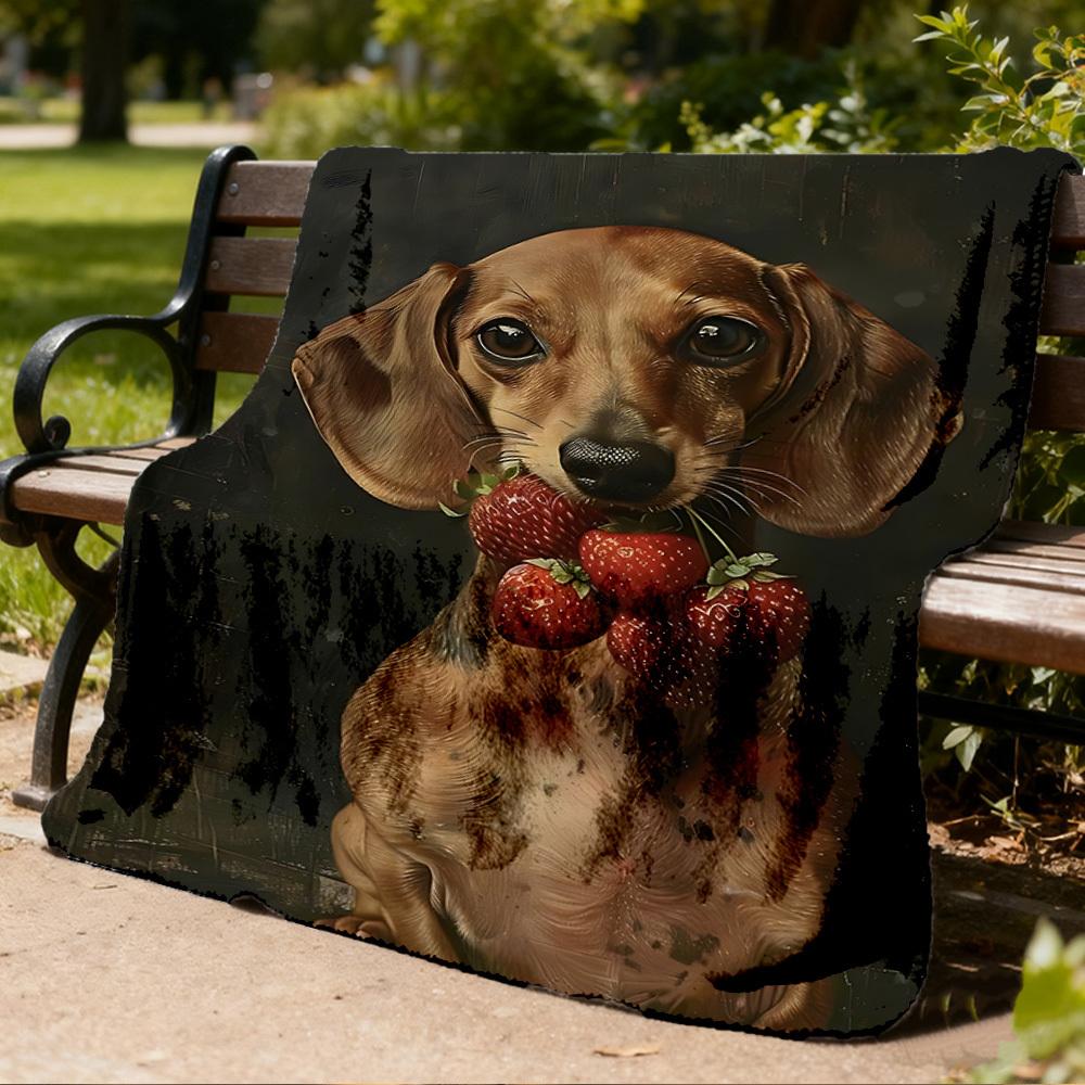 1pc Dachshund Strawberry Outdoor Soft Polyester Flannel Throw Blanket Versatile for All Seasons , Soft , Cozy , Warm All Season Quilted Throw ,