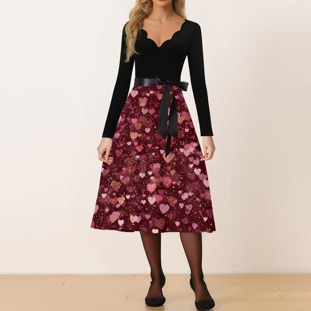 Damska Codzienna Modna Sukienka Retro z Nadrukiem Walentynkowym i Dekoltem V