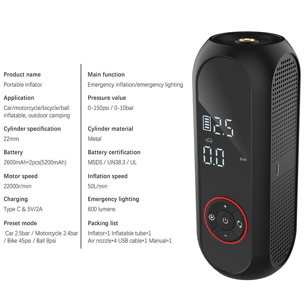 50L/min With LED Flashlight Tire Pressure Test Tire Air Pump 0-150psi/10bar Car Air Compressor Portable Inflator Digital