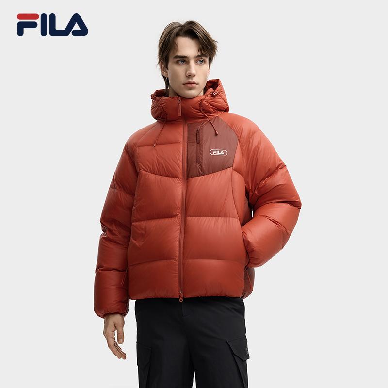 FILA Original Fashionable Personality Bright Duck Down Lightweight Warm Loose Hooded Down Jacket Men Outerwear Water-Red F11M549901FRD