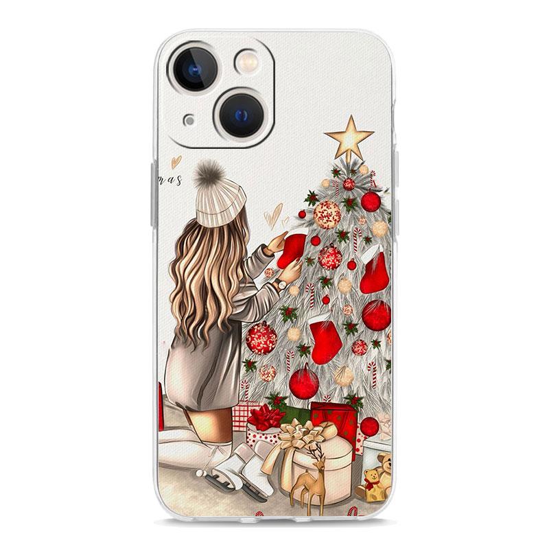 Christmas Art Girls Coffee Transparent Phone Case For iPhone 15 14 13 12 11 Pro Max XS X XR SE 7 8 Plus TPU Lens Protect Cover