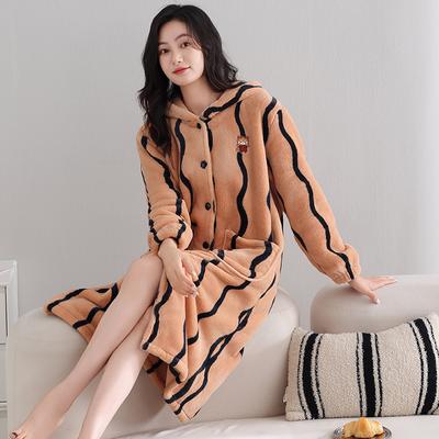 Coral Fleece Nightgown Women'S Autumn And Winter Pajamas Fleece Thickened Warm Coral Fleece Cardigan Hooded Bathrobe
