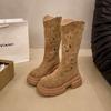 Retro British style hollow western cowboy high boots boots 2025 spring and autumn women's thick bottom but knee v mouth
