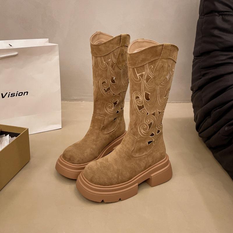 Retro British style hollow western cowboy high boots boots 2025 spring and autumn women's thick bottom but knee v mouth