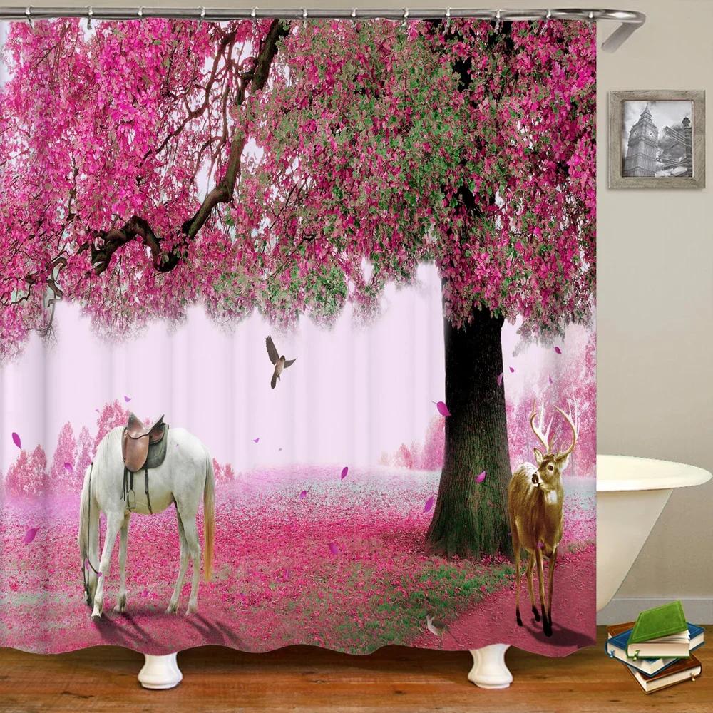 Waterproof Fabric 3D Shower Curtain Bathroom Curtain Pink Tree Landscape Polyester Bath Curtain Decorate With Hooks Cortina
