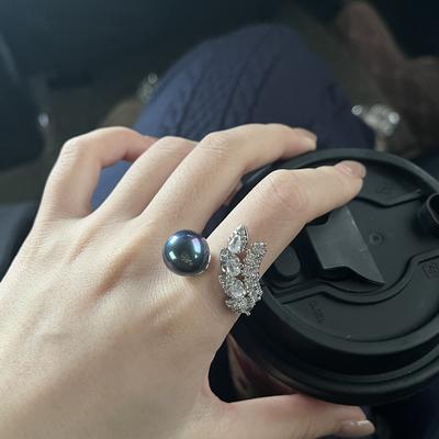 Tahitian Temperament Black Pearl Feather Ring Opening Design High-End Temperament High Carbon Diamond